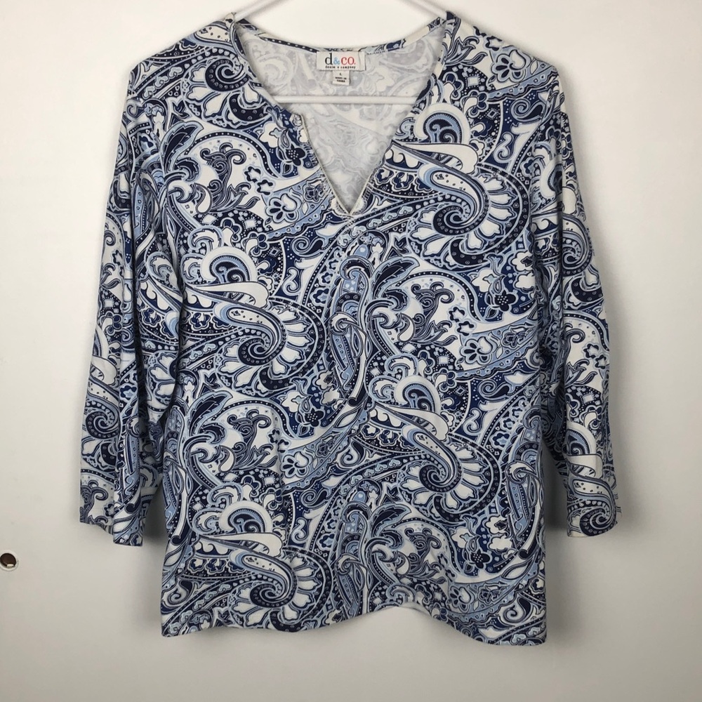 Denim and Company Blue Paisley V-Neck Women’s Top size Large